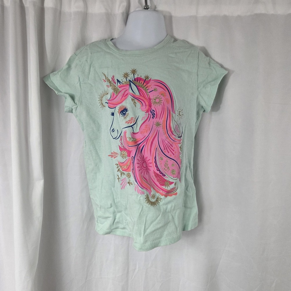 The Children's Place Shirt Girls 5-6 Green Unicorn Graphic Tee Top Tagless